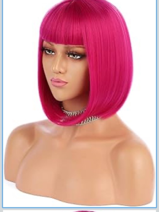 Other - Short Bob Hair Wigs 12" Straight with Flat Bangs Synthetic Hot Pink